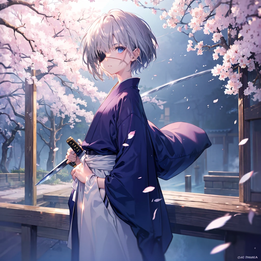 (((1 person Gray Hair))) ((((Eye patch)))) (((High resolution short hair Black kimono))) ((Shoulder Rin々Funny face Holding the sheath and preparing the sword)) ((Black Band samurai Lonely despair blue eyes Pull camera)) ((Blue Butterfly night Japanese style old Cherry Blossom Garden water surface Catch the wind Scattering cherry blossom petals)) ((Japanese sword Two-Way Slashing Bathed in light)) ((Sword Reflection Pink light)) 月night moonlight star Draw your sword Shining Background Shining Edge
