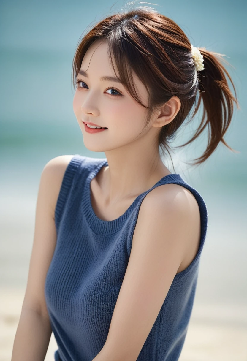 masterpiece, upper body shot profile, 18-year-old attractive 1girl、independent、Look forward、Light eye makeup、Brown Hair Color、Hair blowing in the wind、Quality of actress、Shiny, Ultra-realistic faces、smile、Watery eyes、look up、Soothing lighting effects、 Ultra-Realistic Capture、Very detailed、High resolution 16k human skin closeup, Skin texture must be natural、Must be so detailed that pores are visible、skin is healthy、Must be of knitwear tone、Use natural light and color、High quality photos taken by modeling agencies, Exclusive photographer、smile, natural makeup, completely nude, no bra, erect nipples, showing large sideboob of the huge breasts, glamorous body:1.3