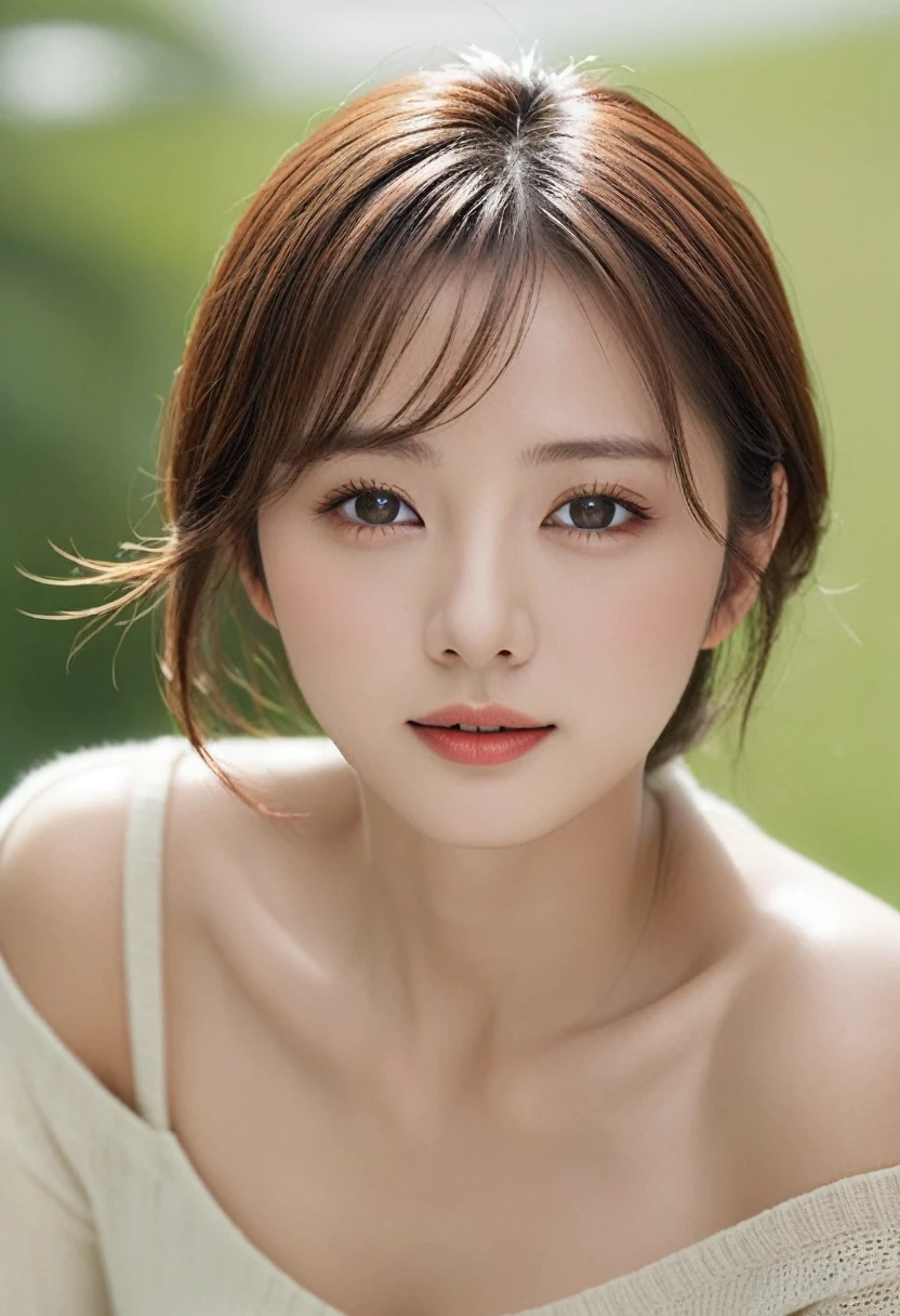 masterpiece, upper body shot profile, 18-year-old attractive 1girl、independent、Look forward、Light eye makeup、Brown Hair Color、Hair blowing in the wind、Quality of actress、Shiny, Ultra-realistic faces、smile、Watery eyes、look up、Soothing lighting effects、 Ultra-Realistic Capture、Very detailed、High resolution 16k human skin closeup, Skin texture must be natural、Must be so detailed that pores are visible、skin is healthy、Must be of knitwear tone、Use natural light and color、High quality photos taken by modeling agencies, Exclusive photographer、smile, natural makeup, completely nude, no bra, erect nipples, showing large sideboob of the huge breasts, glamorous body:1.3
