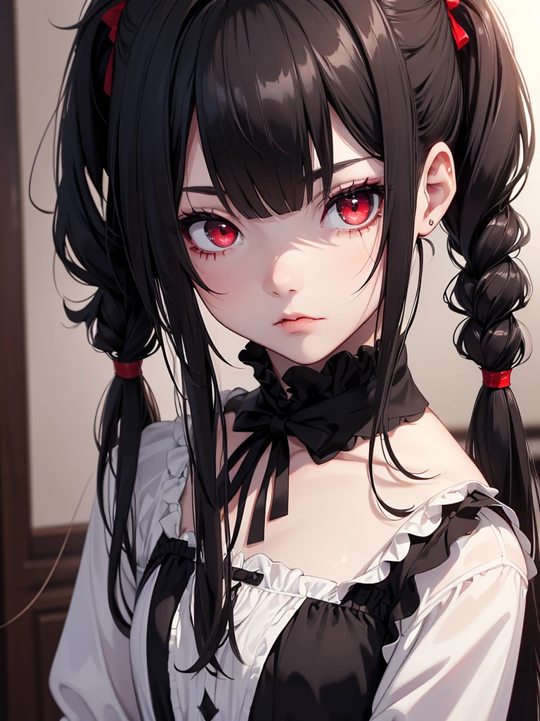 (8K, Best Quality, Masterpiece, Ultra High Resolution) Single Person, 1 Girl, Child, Young, Cute Eyes, Face Details, Pale Skin, Slender, Short, Flat Chest, Dark Black Hair, Long Hair, Red Eyes, Black Dress, Hair Bow, Traditional Japanese Home, Best Quality, Upper Body, Looking at the Viewer, Facing Viewer, Close Up
