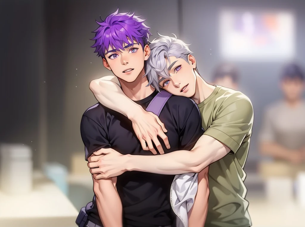 There are two 16-year-old male boys with purple hair and gray hair., purple eyes and gray eyes hug him imnotized