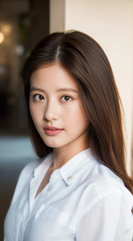 ((Highest quality, 8K, masterpiece :1.3)), Sharp focus :1.2, Beautiful woman with perfect figure :1.4, Slim Abs :1.2, ((Dark brown hair, Big Breasts :1.2)), (White button-up long shirt :1.1), City Street:1.2, Highly detailed face and skin texture, Fine grain, double eyelid