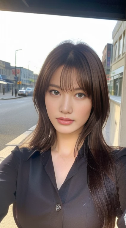 ((Highest quality, 8K, masterpiece :1.3)), Sharp focus :1.2, Beautiful woman with perfect figure :1.4, Slim Abs :1.2, ((Dark brown hair, Big Breasts :1.2)), (White button-up long shirt :1.1), City Street:1.2, Highly detailed face and skin texture, Fine grain, double eyelid