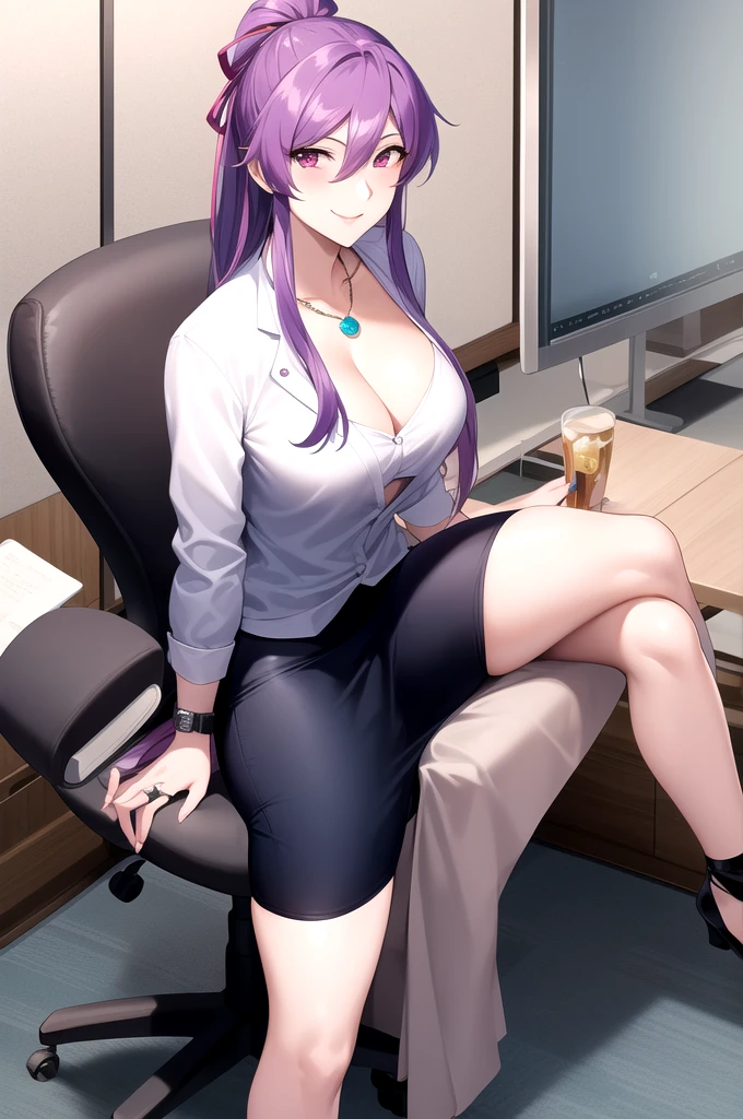 Innai Kansen - Miyama Kaori Innai Kansen - Miyama Kaori, masterpiece, best quality, the sexy mature female doctor in white doctor robe and high heels sitting on the black office chair and leaning forward posing at the health room, 1girl, 独奏, breasts, showing breasts, sitting, cleavage, pen, light purple striped shirt, jewelry, navy pencil skirt, smile, watch, necklace, crossed legs, looking at viewer, 