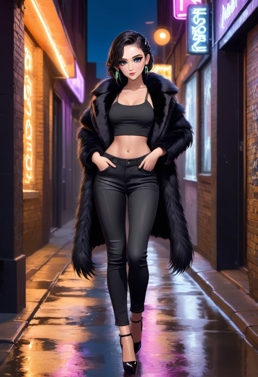 Beautiful girl. Black braided hair. Black jeans. Black sleeveless crop top. Black High heels. Black faux fur jacket. Hazel coloured eyes. Seductive smirk. One hand touching the hip and the other touching the faux fur jacket. One leg crossed infront of the other. Standing. Leaning on a wall. Edgy urban alley. Night time. Illuminated by neon signs from a nearby bar. Pavement glistening from recent rain. Rain puddles on the pavement.