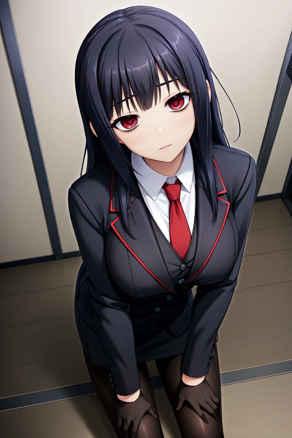 black-hair,bainded-hair,Braided Hair、long-hair,red-eyes,big-breast,business-suit,black-business-suit,black-pantyhose,mini-skirt,23 years old,older sister、Ultra-high resolution、Ultra HD
