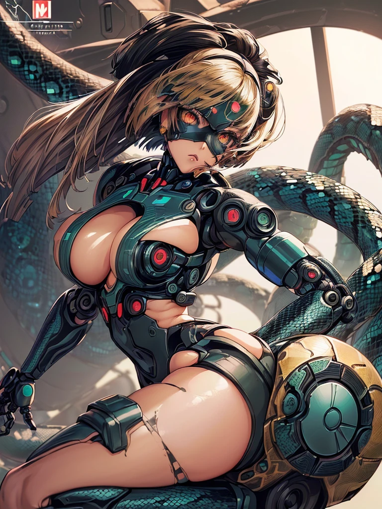 ((High quality)), (((Anime girl))), ((((Anime art style)))), ((half human half snake hybrid)), ((((Robotic arms and legs)))), (((Metal Gear Solid Art style))) (((Messy bob-cut with bangs))), (((round eyebrows))), (((Anime snake eyes))), (((limbless female body)))