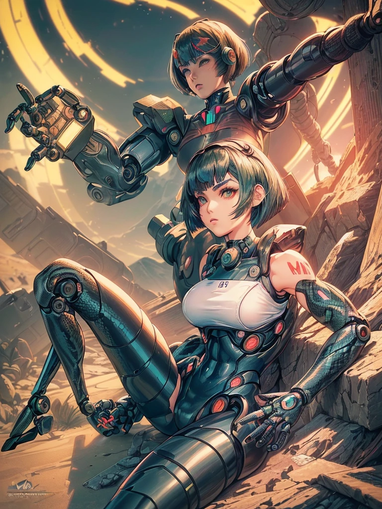 ((High quality)), (((Anime girl))), ((furry)), ((((Anime art style)))), ((half human half snake hybrid)), ((((Robotic arms and legs)))), (((Metal Gear Solid Art style))) (((Messy bob-cut with bangs))), (((rounded anime eyebrows))), (((Anime snake eyes))), (((limbless female body)))