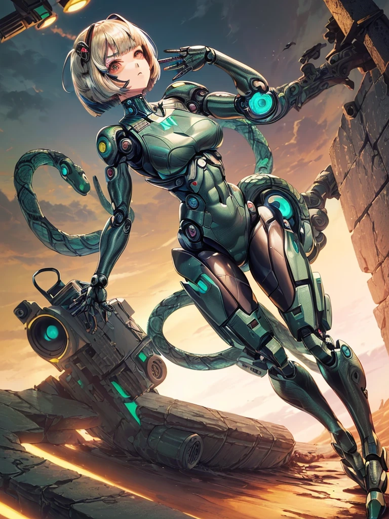 ((High quality)), (((Anime girl))), ((((Anime art style)))), ((half human half snake hybrid)), ((((Robotic arms and legs)))), (((Metal Gear Solid Art style))) (((Messy bob-cut with bangs))), (((round eyebrows))), (((Anime snake eyes))), (((limbless female body)))