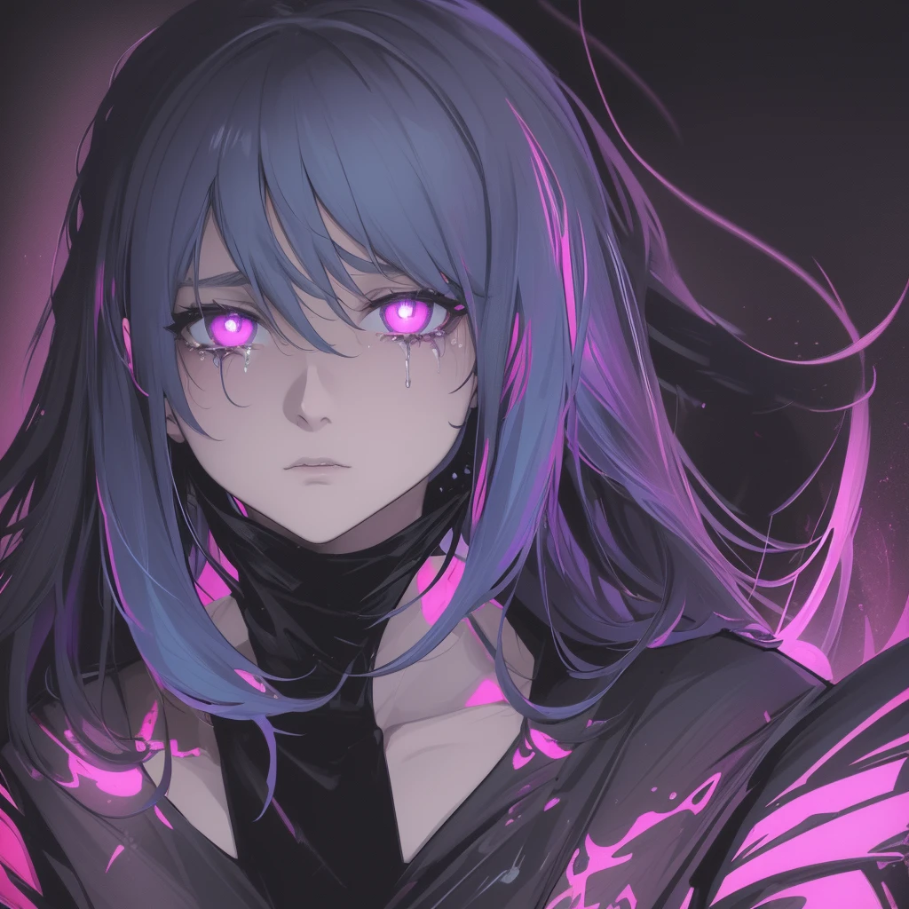 "Create a highly detailed, dark, and disturbing scene featuring a young woman with long, disheveled hair, partially covering her face. She should have a distressed, vacant expression, with wide, bloodshot eyes and visible tears and bloodstains running down her face In front of her face, she holds a large syringe vertically, filled with a bright pink liquid and blue lights, creating a strong contrast and a cyberpunk aesthetic. overall should be highly detailed and realistic, with an emphasis on disturbing and macabre elements, combined with surreal and cyberpunk touches."