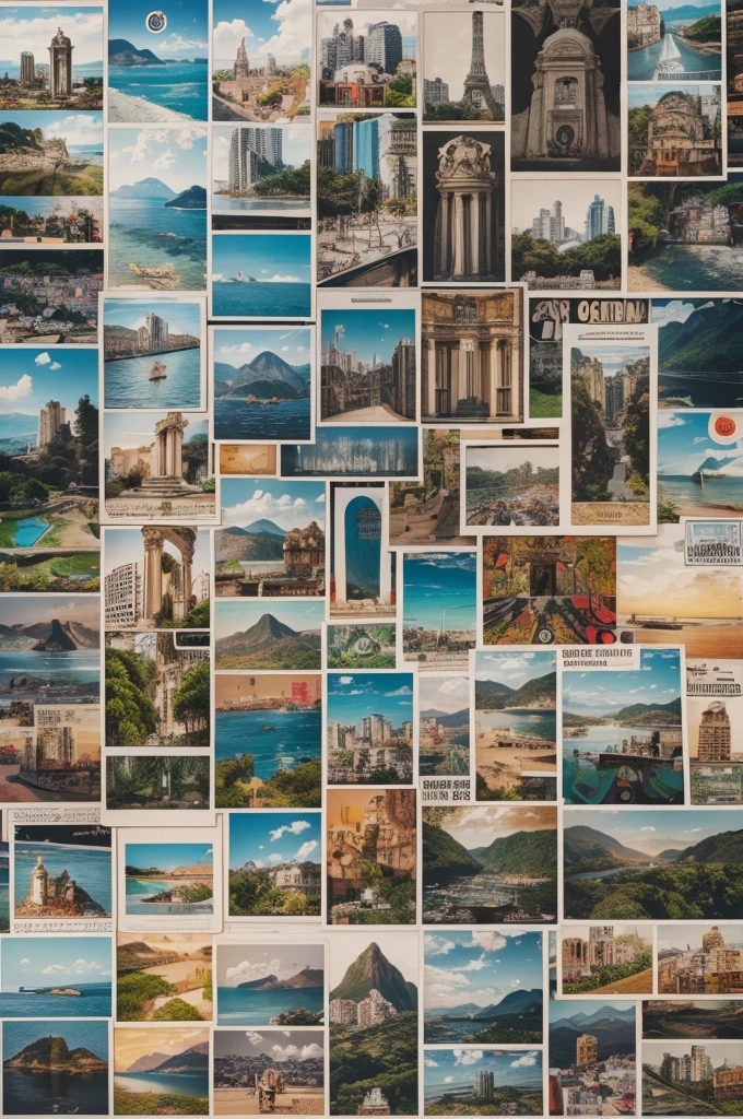 Collage, in the style of stickers piled up, of elements such as drawings, uploads, graphic elements and others with the Rio de Janeiro theme, especially his monument to Escadaria Selaron 