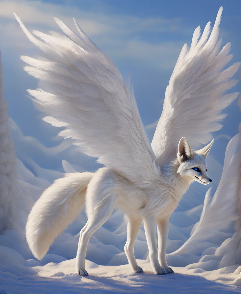 falvie 
asian_mythology  east_asian_mythology,
canid canine fox mammal 
2017 digital_media_(artwork) 
gender female, blue_eyes, detailed_background, feral fox_spirit, fur white, single tail, paws, standing, smile, solo tail, white_body, white_fur, white angel wings 