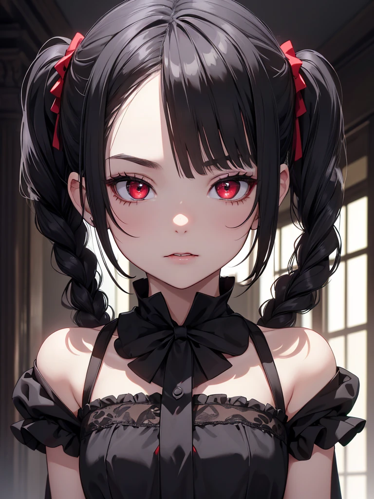 (8K, Best Quality, Masterpiece, Ultra High Resolution) 1 Young Girl, Girl is ,Beautiful Eyes, Face Details, Black Hair, Pigtail Braids, Red Eyes, Pale Skin, Vampire, Blood Dripping from Lip Short Formal Dress, Cute Black Dress, Dimly Lit Japanese House, Masterpiece, Best Quality, Upper Body, Looking at the Viewer, Close Up