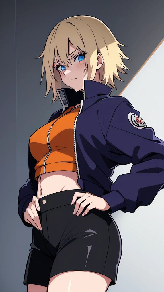 (masterpiece, best quality:1.2), expressive eyes, perfect face, highres, 1girl, solo, (female:1.5), SatoruGojo, blue eyes, blonde hair, long hair, facial mark, whisker markings, short hair, long sleeves, jacket, opened jacket, (naruto outfit), midriff, orange-black jacket, mesh shirt, pants, black pants, standing, upper body, looking at the viewer