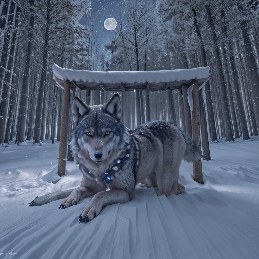 "A realistic wolf with piercing blue eyes, howling at a bright full moon in the middle of a dense, snow-covered forest. The sky is filled with stars, and the moonlight casts a serene glow on the snow and trees."
