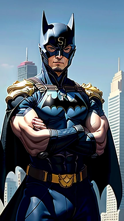 1boy, batman, abs, bara, black hair, blue bodysuit, blue eyes, bodysuit, cape, gauntlet, helmet, mask, closed mouth, crossed arms, large pectorals, male focus, muscular, muscular male, pectoral lift, pectorals, Chinese armor, black cape, short hair, outdoors, skyscrapers, solo, superhero, upper body , ((masterpiece))