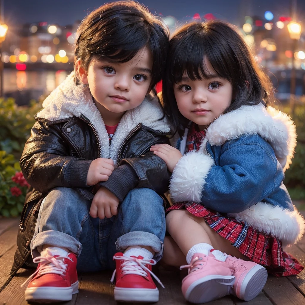 realistic  boy realistic skin black hair wearing thick jacket, red shoes blue shorts & black haired girl wearing a thick white and blue furry jacket, pink shoes, checkered red skirt, sitting in the garden looks romantic. The background should be bright with blurry city lights, providing a dynamic and colorful atmosphere to the scene. super detailed image quality,