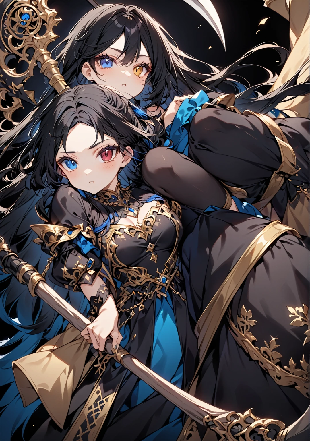 Anime girl, black hair with blue gradient at the tips, eyes with blue and gold heterochromia, blue and black Renaissance dress with gold details, carrying a scythe, on a black background