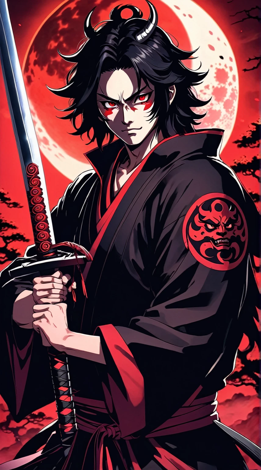 a close up of a person holding a sword in front of a red moon, demon slayer artstyle, handsome guy in demon slayer art, demon samurai, beautiful male god of death, demon slayer rui fanart, itatchi uchiha, demon samurai warrior, onmyoji portrait, madara uchiha, akiyuki shinbou, add shadow, light, dark, 6 eye's 