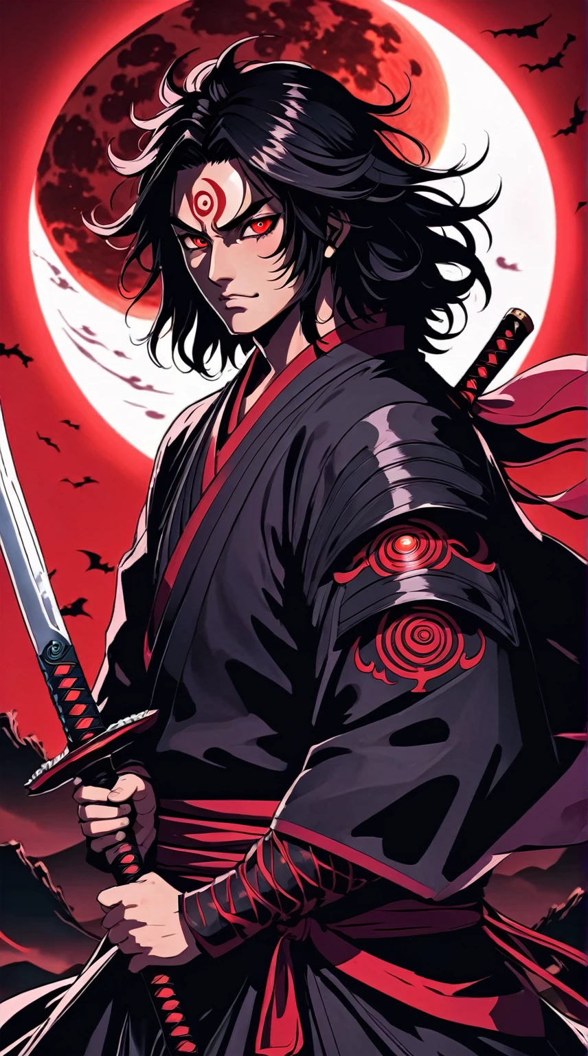 a close up of a person holding a sword in front of a red moon, demon slayer artstyle, handsome guy in demon slayer art, demon samurai, beautiful male god of death, demon slayer rui fanart, itatchi uchiha, demon samurai warrior, onmyoji portrait, madara uchiha, akiyuki shinbou, add shadow, light, dark, 6 eye's 