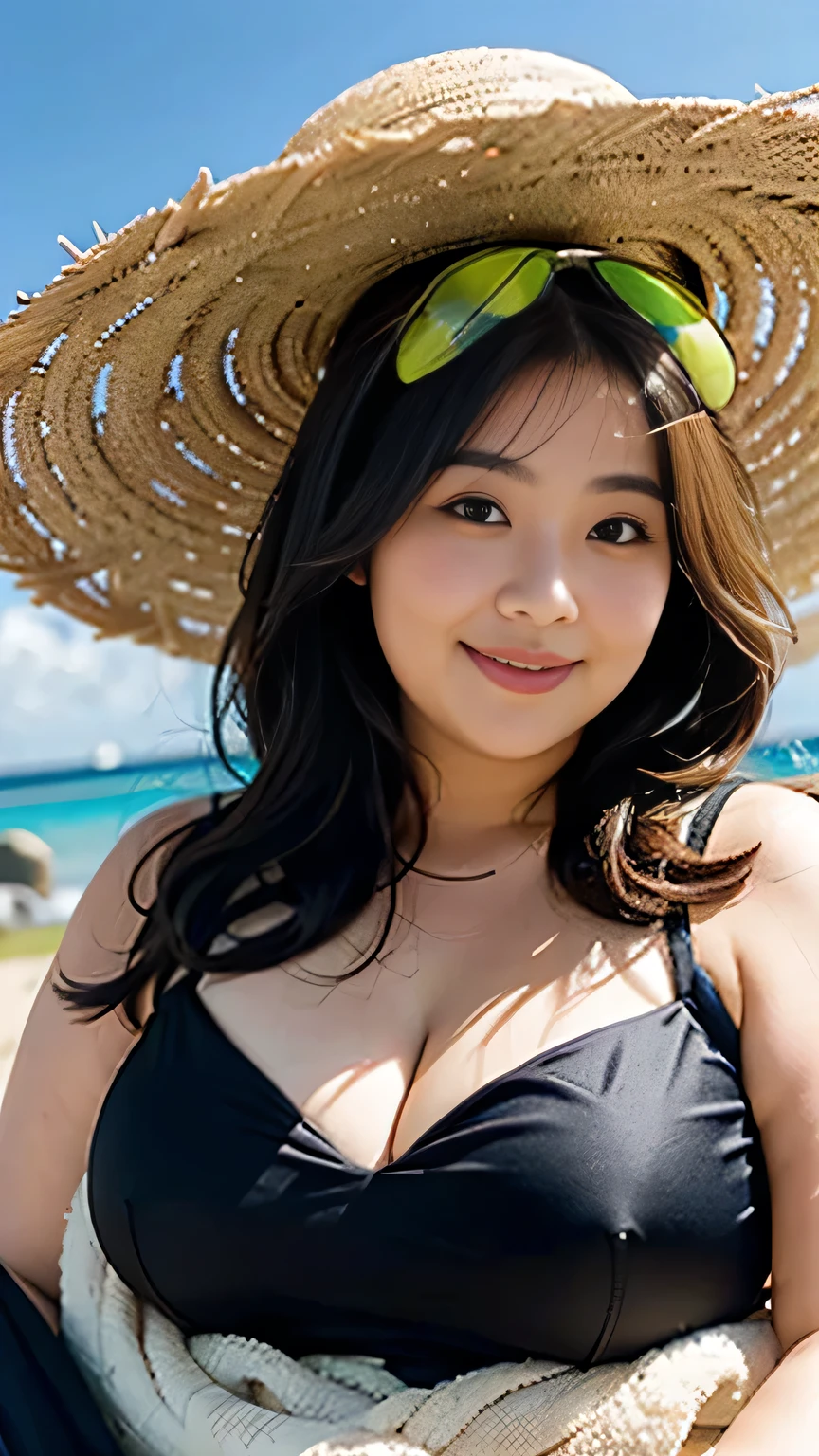 Fat Woman， Obese, Big Size, Round face, Double chin, Overweight,Shoulder-length fluffy hair , Swimwear，bikini，field ，Looking at the camera，smile