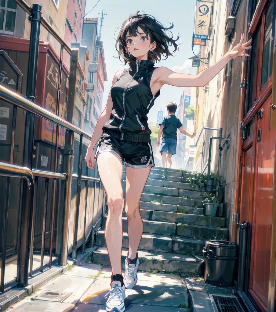 full body, delicate facial features, medium tits, medium hair, black hair, tearful mole, earring, tracksuit, (sleeveless, bare arms), shorts, (track),