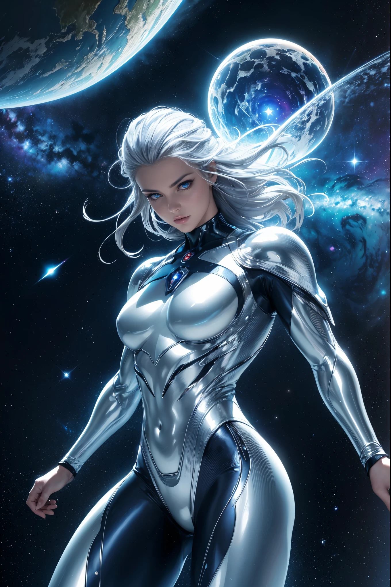 (best quality,4k,8k,highres,masterpiece:1.2),ultra-detailed,(realistic,photorealistic,photo-realistic:1.37),the Silver Surfer, man, male on silver surf board in space,surfing through a beautiful galaxy in space, perfect balance and posture, glowing blue eyes, shiny silver board, flowing cosmic nebulae, mesmerizing stardust trails, elegant and fluid movements, intense speed and agility, celestial backdrop with vibrant colors, sparkling stars and distant planets, ethereal lighting effects, otherworldly atmosphere, sleek and seamless silver skin, cosmic energy radiating from the Surfer, surreal and awe-inspiring scenery, dynamic and captivating composition.