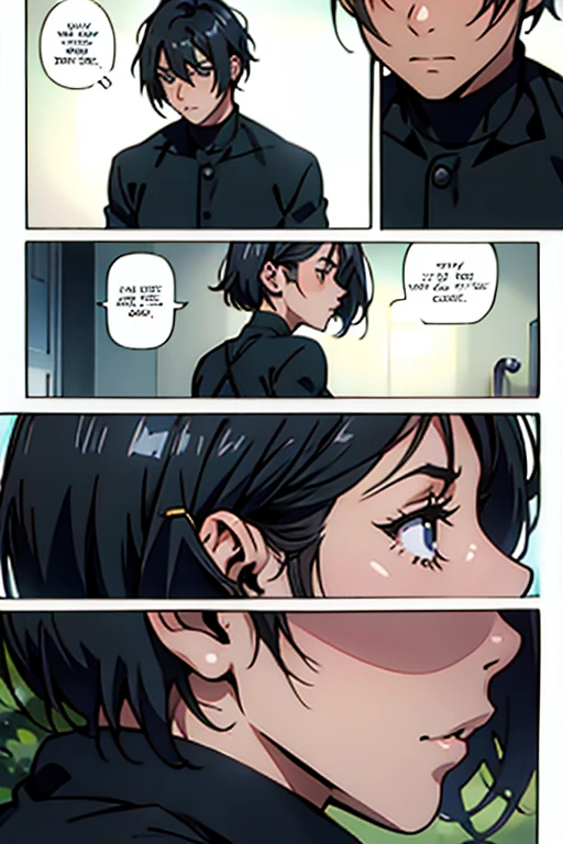 Guy with short black hair having intercourse with a girl with short hair, manga page with panels and dialogue  