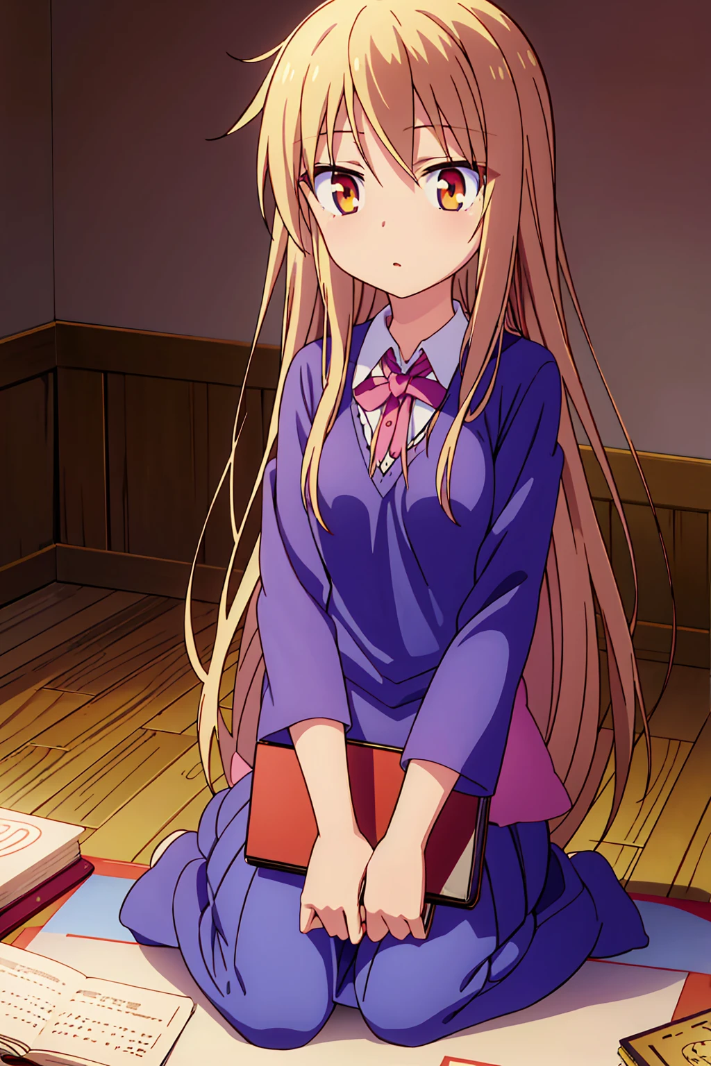 Teenage anime girl, Shiina Mashiro, Mashiro, Sakurasou anime, long blonde hair, orange eyes, expressionless, , witch outfit, magic book, Wooden room, Pictures, posters