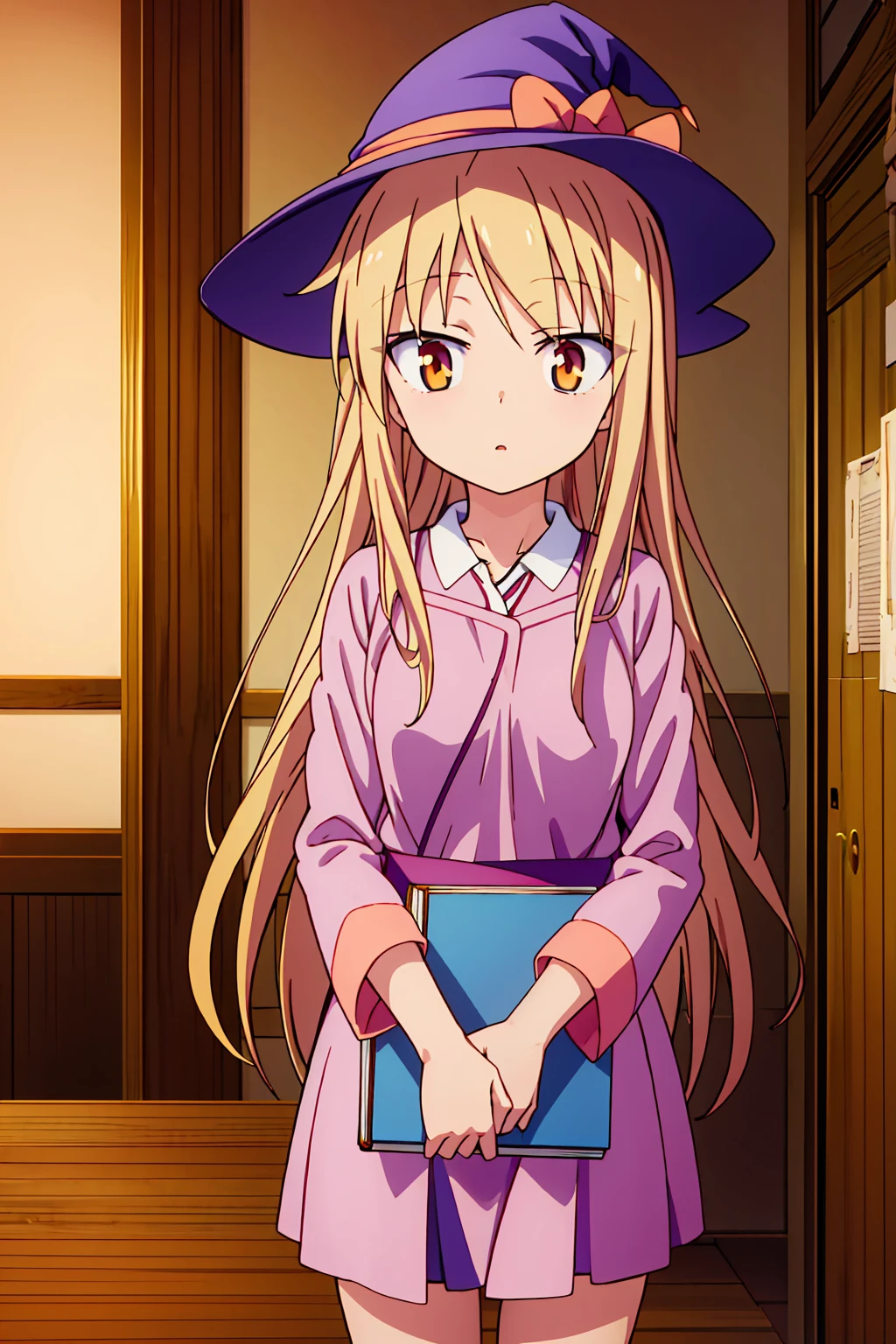 Teenage anime girl, Shiina Mashiro, Mashiro, Sakurasou anime, long blonde hair, orange eyes, expressionless, , witch outfit, magic book, Wooden room, Pictures, posters