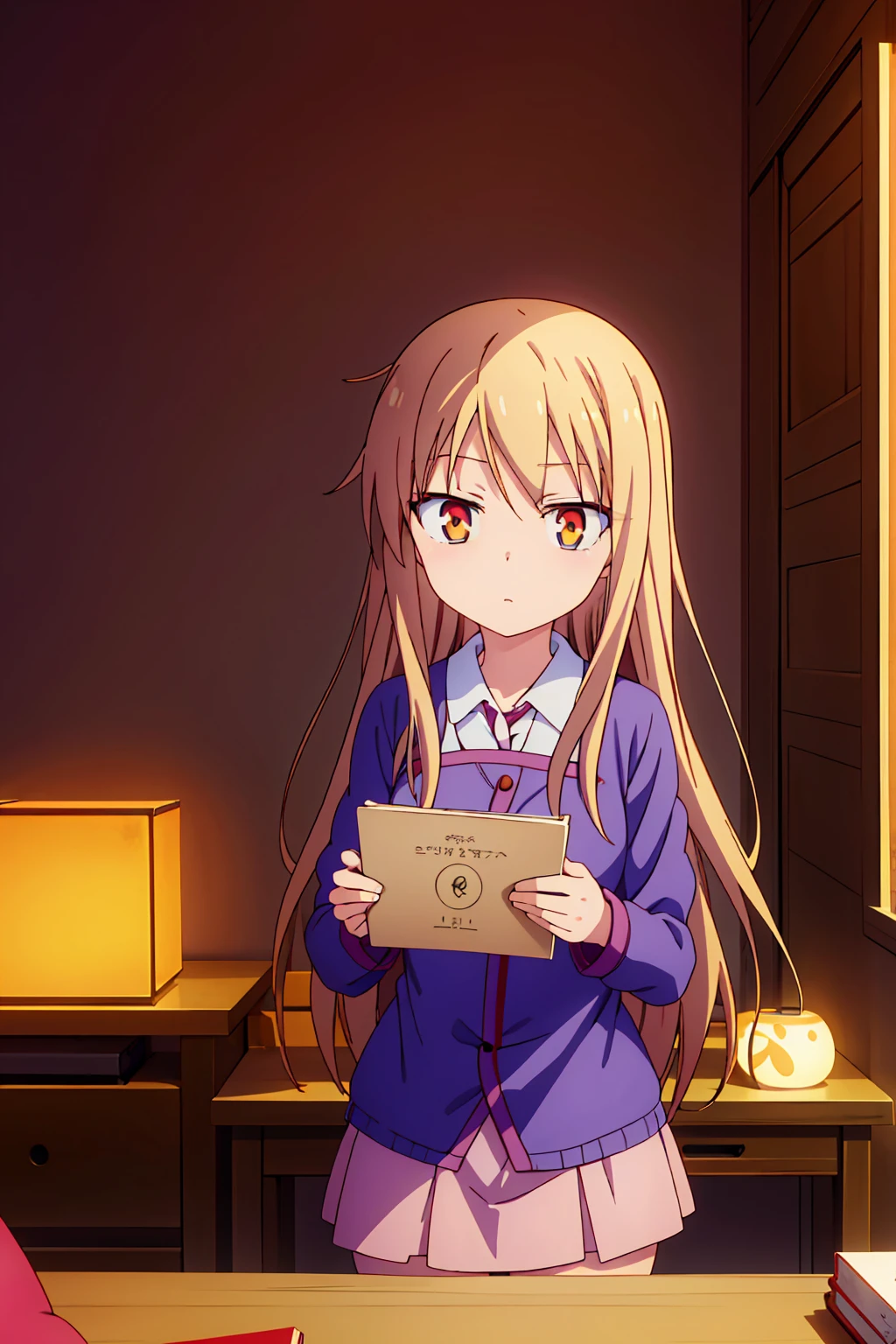 Teenage anime girl, Shiina Mashiro, Mashiro, Sakurasou anime, long blonde hair, orange eyes, expressionless, , witch outfit, magic book, Wooden room, Pictures, posters