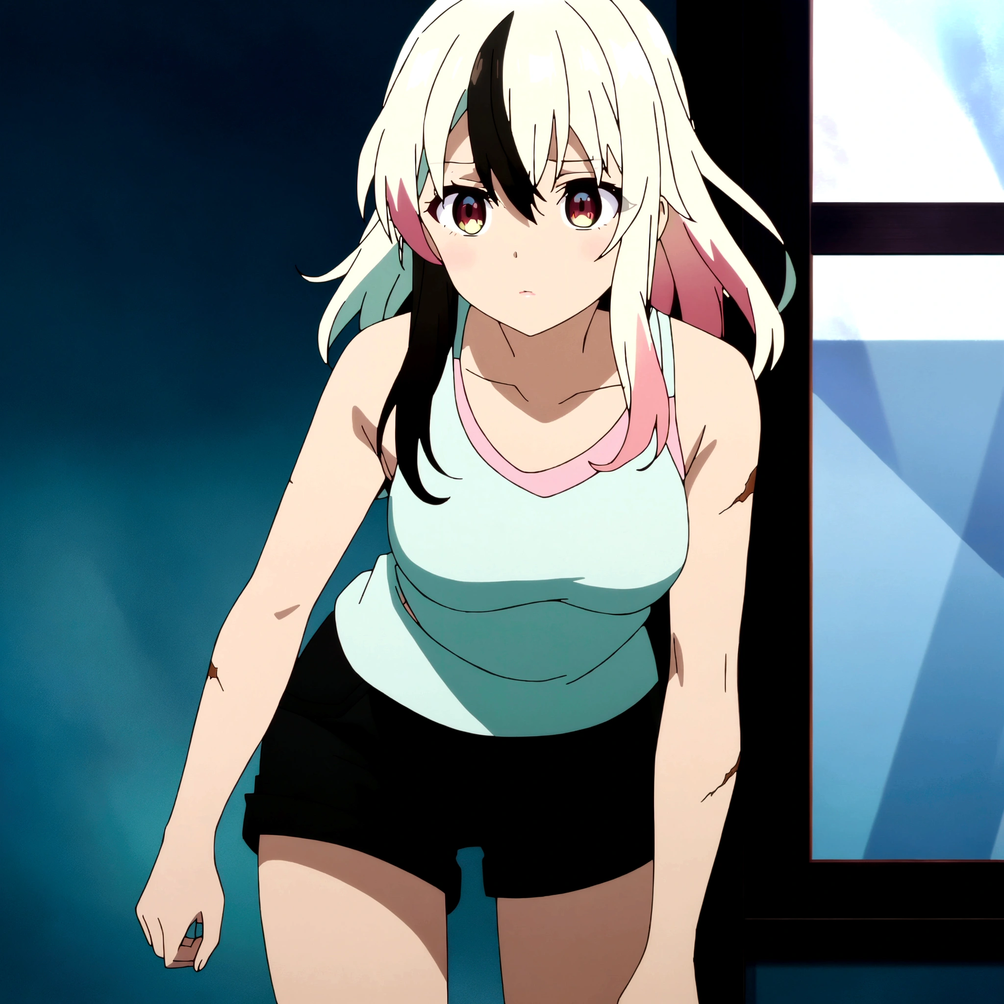 anime screencap a white girl, bicolor hair half white and half black, brown sleepy eyes, pink lips, wearing a tight white tank top and tight black shorts, There are scars on your wrists and thighs, near the window, lights off, moon lighting through the window