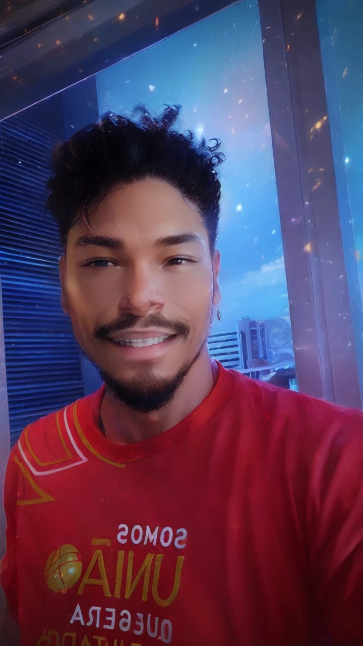 ultra hd painting, high qualiy, very detailled, and with volumetric light, Young man with latin appearance, poses for a photo with a beautiful smile, stylish and well-defined hair, wear futuristic clothes like cyberpunk, blue sky in the background with subtle transparent stars and planets in the sky, 