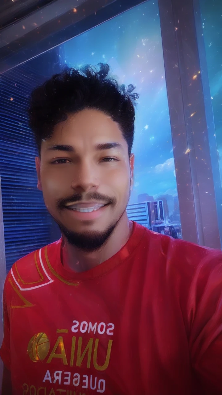ultra hd painting, high qualiy, very detailled, and with volumetric light, Young man with latin appearance, poses for a photo with a beautiful smile, stylish and well-defined hair, wear futuristic clothes like cyberpunk, blue sky in the background with subtle transparent stars and planets in the sky,