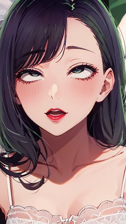 (Top quality masterpiece:1.2) Delicate illustrations, Very detailed, /Beautiful Japanese Woman、1 person,Very cute and slim、Great style 、((8K images、super high quality))、Very delicate face, beautifule forehead、shout、Bright red lipstick,very cute、Kind eyes,(((())))、Sleeping in bed、joy、joy、Laughter