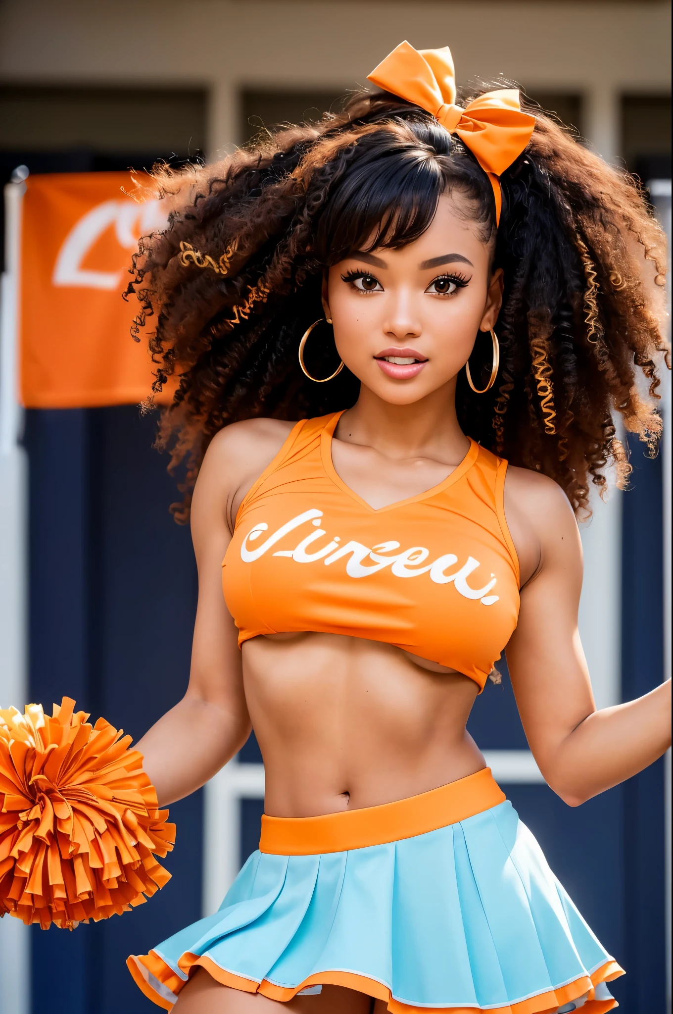 (Masterpiece, Professional lighting, 16k, 8k wallpaper, raw photo, photorealistic:1.8, ultra detailed, , 16 mm lens, (Masterpiece, Professional lighting, 16k, 8k wallpaper, raw photo, photorealistic:1.8, ultra detailed, slightly wide angle lens, natural lighting, detailed skin, detailed joyous face, detailed eyes, 1 beautiful happy multiracial female model doing a photoshoot as a cheerleader, cheerleader, cheerleader outfit, cheer squad leader during a game, full body image , long curly blond hair with bangs, hazel eyes, cheering:1.3, sexy cheer skirt, sexy top, team colors are orange and light blue, photo from back left, she looks into lens while flipping her skirt up