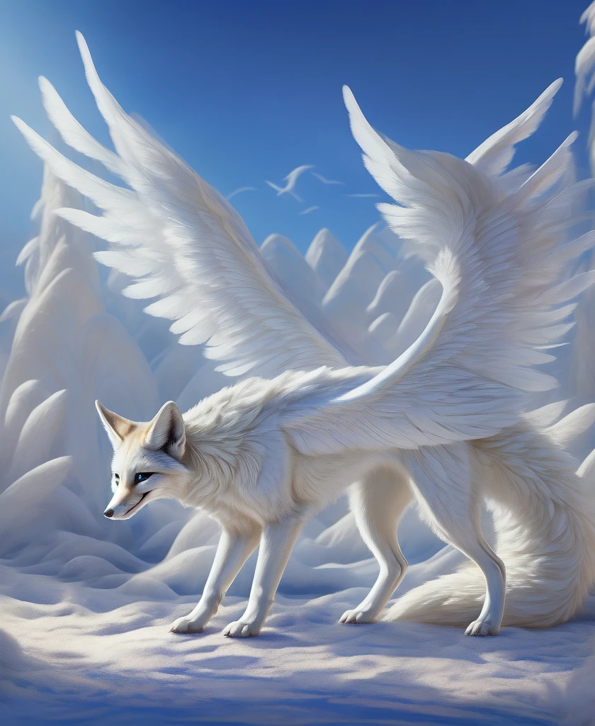 falvie 
asian_mythology  east_asian_mythology,
canid canine fox mammal 
2017 digital_media_(artwork) 
gender female, blue_eyes, detailed_background, feral fox_spirit, fur white, single tail, paws, standing on all fours, smile, solo tail, white_body, white_fur, white angel wings 