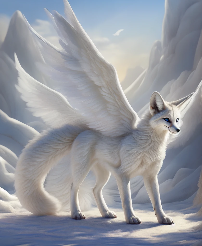 falvie 
asian_mythology  east_asian_mythology,
canid canine fox mammal 
2017 digital_media_(artwork) 
gender female, blue_eyes, detailed_background, feral fox_spirit, fur white, single tail, paws, standing on all fours, smile, solo tail, white_body, white_fur, white angel wings 