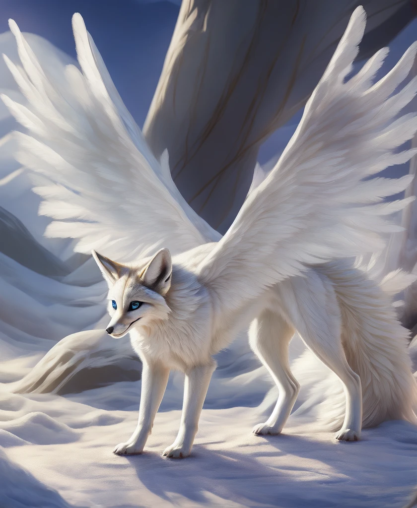 falvie 
asian_mythology  east_asian_mythology,
canid canine fox mammal 
2017 digital_media_(artwork) 
gender female, blue_eyes, detailed_background, feral fox_spirit, fur white, single tail, paws, standing on all fours, smile, solo tail, white_body, white_fur, white angel wings 