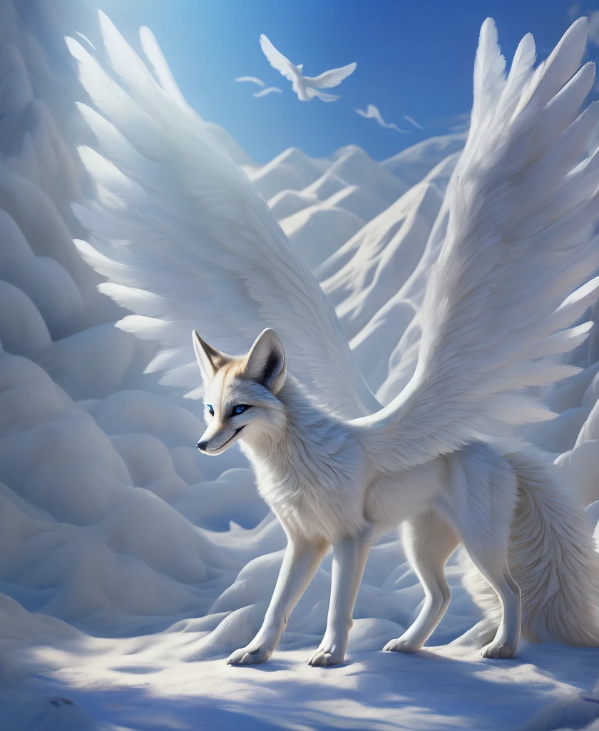 falvie 
asian_mythology  east_asian_mythology,
canid canine fox mammal 
2017 digital_media_(artwork) 
gender female, blue_eyes, detailed_background, feral fox_spirit, fur white, single tail, paws, standing on all fours, smile, solo tail, white_body, white_fur, white angel wings 