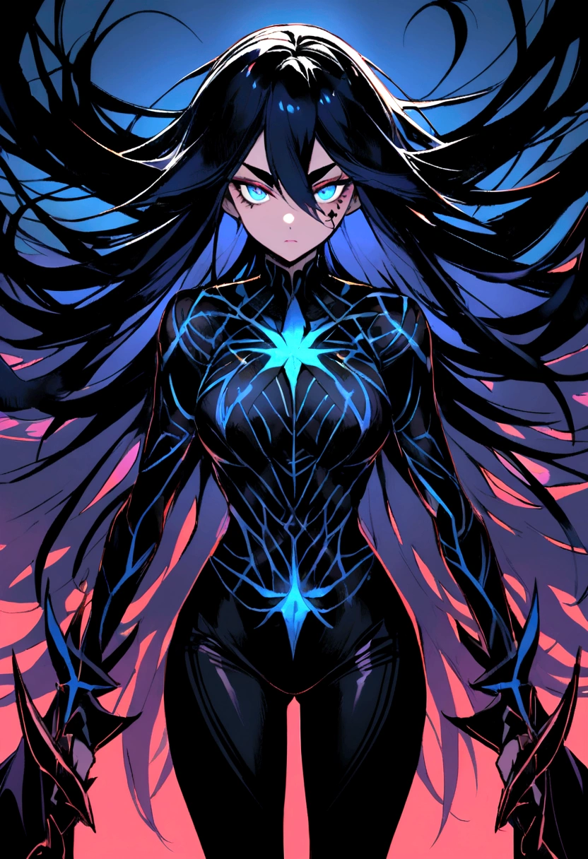 A woman from another planet her body is bright blue her eyes are large her eyebrows are pointed and are attached to the darker blue eyes on her face she has several dark blue pointed lines and her body also has thick pointed lines as if out tattoos, She has long, shaggy dark blue hair, she has a black belt like black pants and several weapons around them. Her personality is villainous.. 
