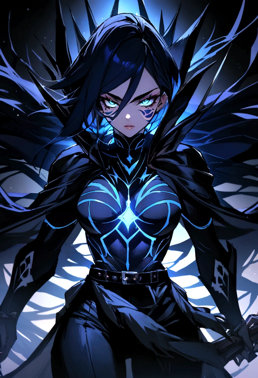 A woman from another planet her body is bright blue her eyes are large her eyebrows are pointed and are attached to the darker blue eyes on her face she has several dark blue pointed lines and her body also has thick pointed lines as if out tattoos, She has long, shaggy dark blue hair, she has a black belt like black pants and several weapons around them. Her personality is villainous..