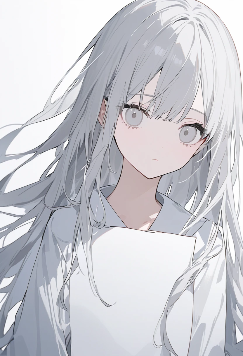 blank paper、Girl、Gray Hair、Long Hair、White eye color、All eyes are white、全体的に白いGirl、白いGirl、White background、白のGirl、White Room、blank paperのGirl、Emotionless、Expressionless