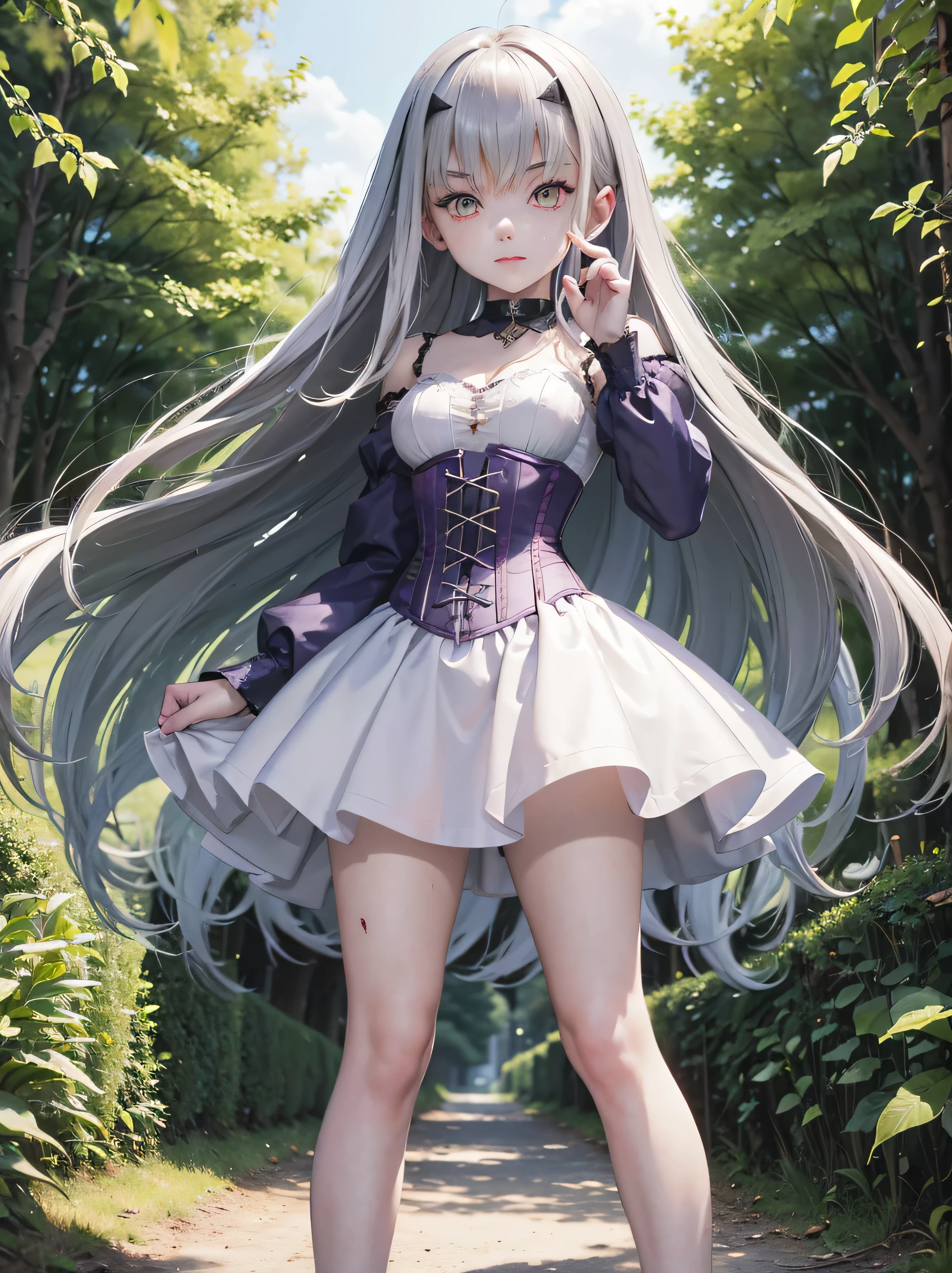 ((absurdres)), hd, uhd, (((HDR))), ((best quality)), (ultra high quality), (hi-res), ((1girl)), solo, alone, melusine, (blood orange eyes), long white hair, sidelocks, forked eyebrows, ((light purple dress)), dress, (((corset))), frills, long sleeves, white thighhighs, ((looking at viewer)), ((dynamic)), fairy forest city, outside, forest city buildings, sidewalk, trees, daytime, additional lighting, sunlight on face, noon, bright sun, forest scenery, (five fingers), (pin-up) 