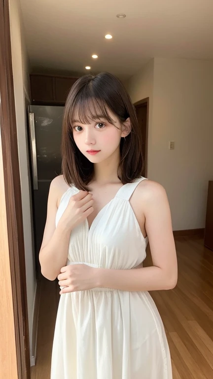 A young woman with short, straight brown hair and bangs, wearing a white sleeveless dress with thin straps, standing in an indoor setting. She has a soft and gentle expression, with light makeup emphasizing her natural beauty. The background is a blurred room with wooden and neutral tones.
