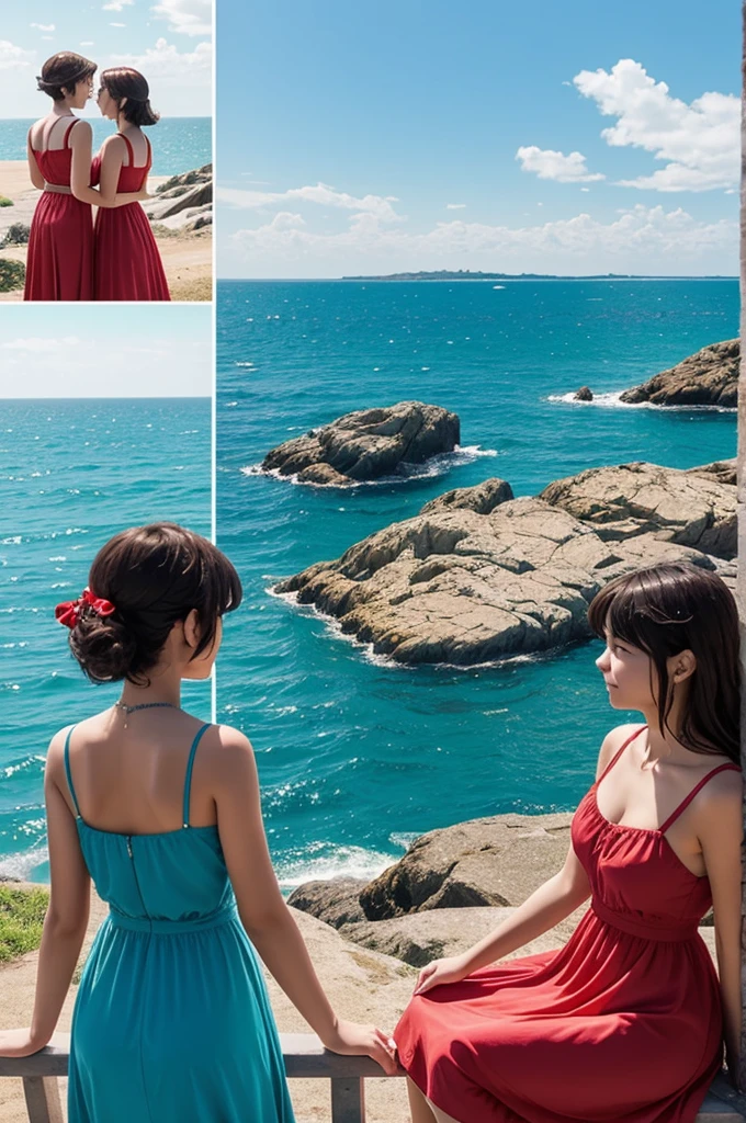 A captivating comic strip showing a romantic couple of two girls watching the sea. One of the girls is dressed in a strawberry-inspired dress and the other has a blue dress..  The scene is reminiscent of Makoto Shinkai&#39;s iconic style., with a touch of Pisif&#39;s concept art. The entire composition is presented in a lofi artistic style., emphasizing reflection. Width 672 pixels, capturing the detailed landscape in the style of Makoto Shinkai, with improved details.