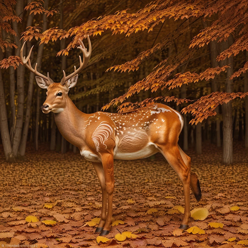 "A beautifully drawn illustration of a deer standing gracefully among autumn leaves, with rich shades of orange, red, and yellow. The background features detailed trees with falling leaves."