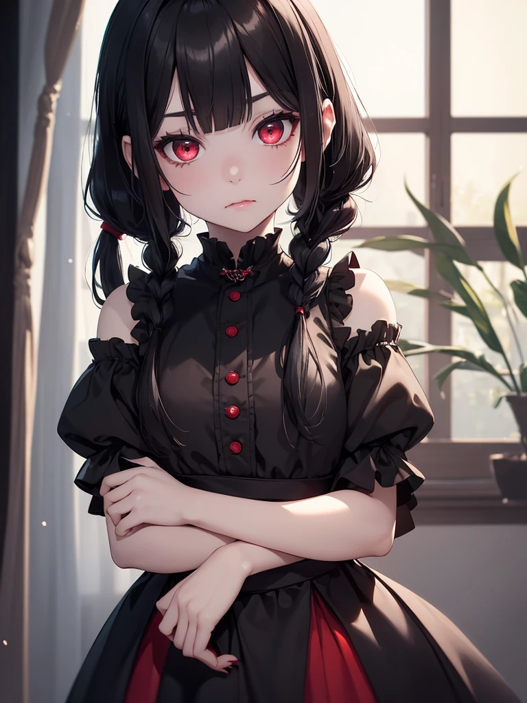 (8K, Best Quality, Masterpiece, Ultra High Resolution) 1 Young Girl, , Beautiful Eyes, Face Details, Black Hair, Pigtail Braids, Hair Bangs, Red Eyes, Pale Skin, Vampire, Blood Dripping from Lip, Short Formal Dress, Cute Black Dress, Dimly Lit Japanese House, Masterpiece, Best Quality, Upper Body, Looking at the Viewer, Close Up