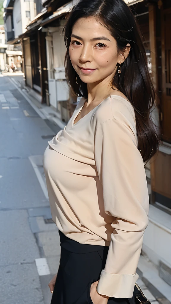 ((Highest quality)), ((8K)), ((masterpiece:1.3)), (Perfect look), (Photorealism:1.6), (One Japanese Mature), (A woman walking through an old street lined with Japanese houses), (Tenement houses on both sides of the road), (Blurred Background), (PT, JMA, ago), ((画面中央にOne Japanese Mature)), ((Realistic skin texture)), (Fine wrinkles all over the skin), (Dull skin), (Unmoisturized skin), (Facial wrinkles), (Wrinkles around the eyes), double eyelid, Tear bags on the lower eyelids, (Crying Mole), The eyes are watching me, Serious look, (Dimples on cheeks), (Short bangs), Long hair with curled ends, (Hair over the ears), Smiling with the corners of his mouth turned up, (Red blouse), (Black long skirt), Soft fabric blouse, (Wide-necked blouse), Wide sleeves, Cuffs that fit snugly around the wrist, Long Skirt, Small breasts, (Salmon pink lips), (High heels), (He is holding a suitcase in his left hand), (Standing posture, Full body portrait), (Angle from the feet),