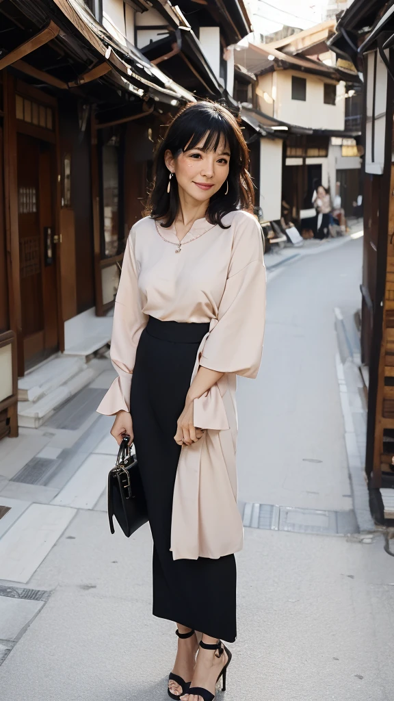 ((Highest quality)), ((8K)), ((masterpiece:1.3)), (Perfect look), (Photorealism:1.6), (One Japanese Mature), (A woman walking through an old street lined with Japanese houses), (Tenement houses on both sides of the road), (Blurred Background), (PT, JMA, ago), ((画面中央にOne Japanese Mature)), ((Realistic skin texture)), (Fine wrinkles all over the skin), (Dull skin), (Unmoisturized skin), (Facial wrinkles), (Wrinkles around the eyes), double eyelid, Tear bags on the lower eyelids, (Crying Mole), The eyes are watching me, Serious look, (Dimples on cheeks), (Short bangs), Long hair with curled ends, (Hair over the ears), Smiling with the corners of his mouth turned up, (Red blouse), (Black long skirt), Soft fabric blouse, (Wide-necked blouse), Wide sleeves, Cuffs that fit snugly around the wrist, Long Skirt, Small breasts, (Salmon pink lips), (High heels), (He is holding a suitcase in his left hand), (Standing posture, Full body portrait), (Angle from the feet),